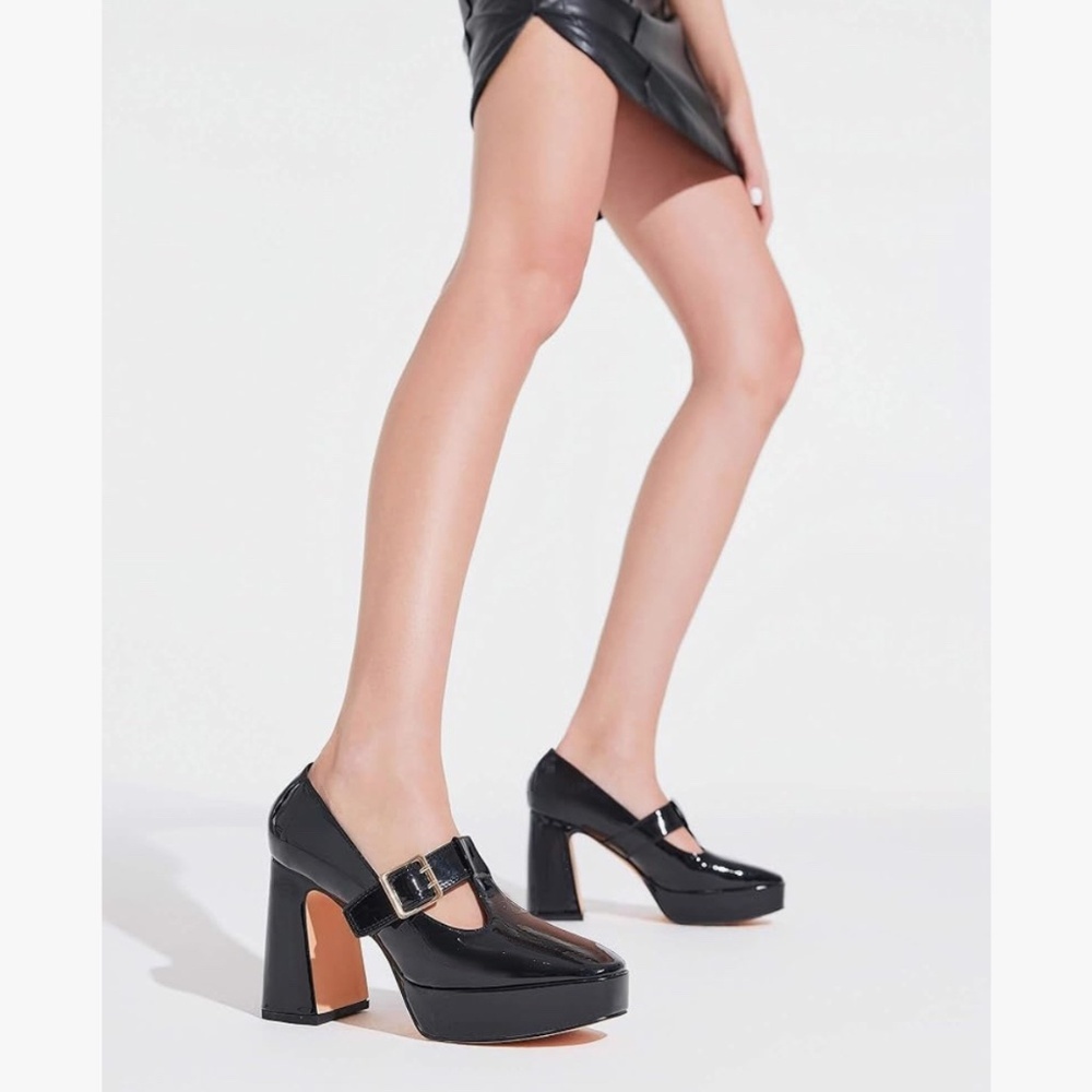 Coutgo Womens Platform Mary Jane Pumps T Strap Chunky High Heels Buckle
